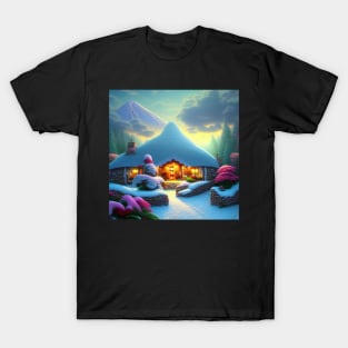 Magical Fantasy Cottage with Lights In A Snowy Scene, Scenery Nature T-Shirt